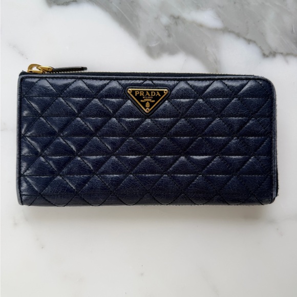 Prada Handbags - Prada Quilted Zip Around Continental Long Wallet Navy Blue Leather